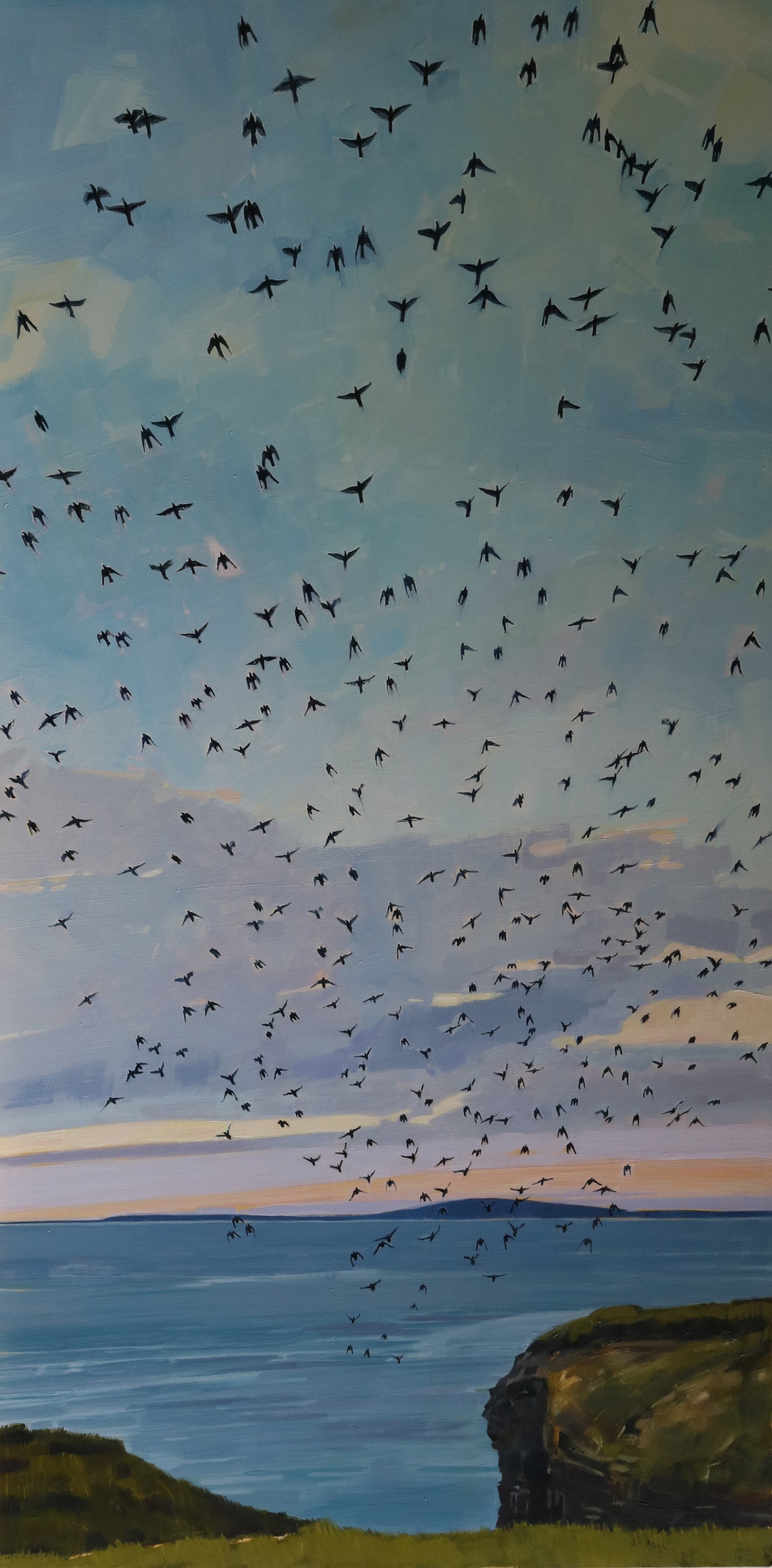Oil Painting by Olive Stack, Starling murmuration Ballybunion Co Kerry Ireland 