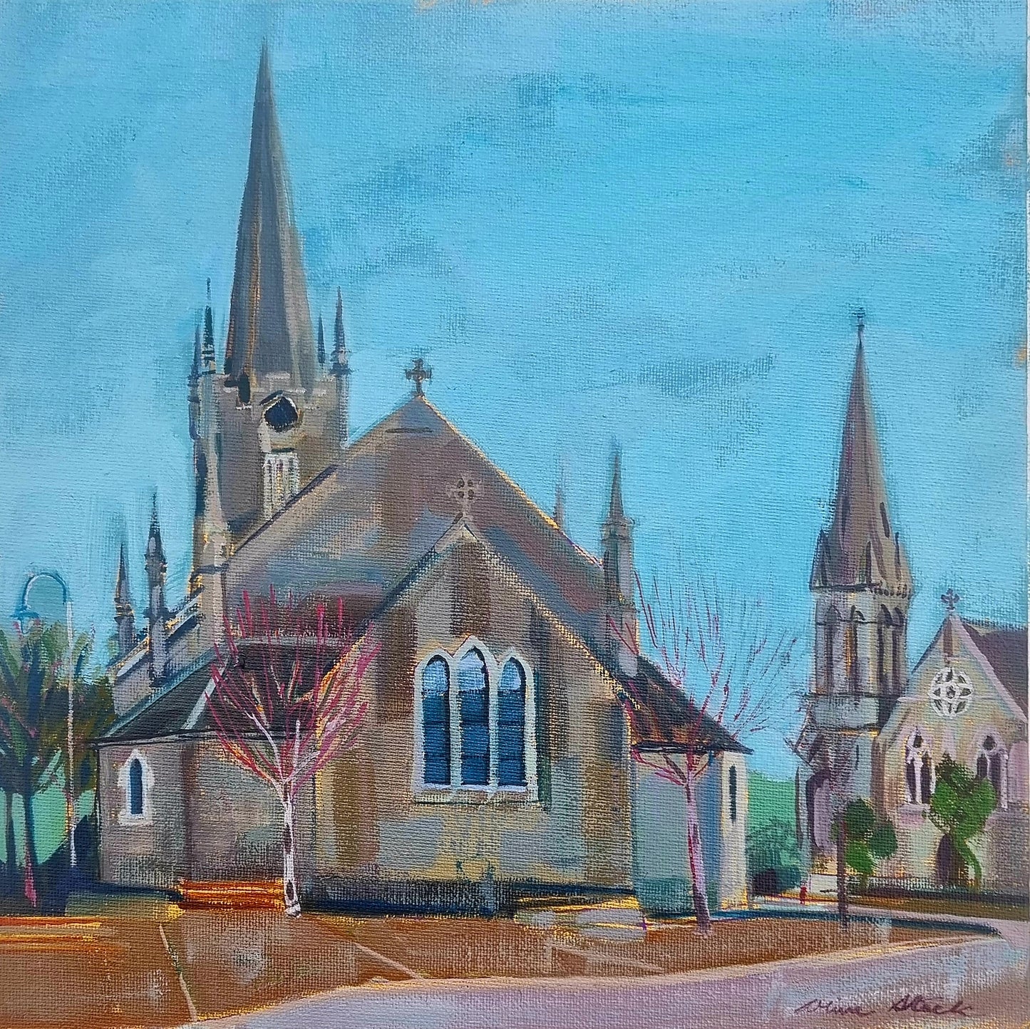 Painting of two church with a steeples against a blue sky