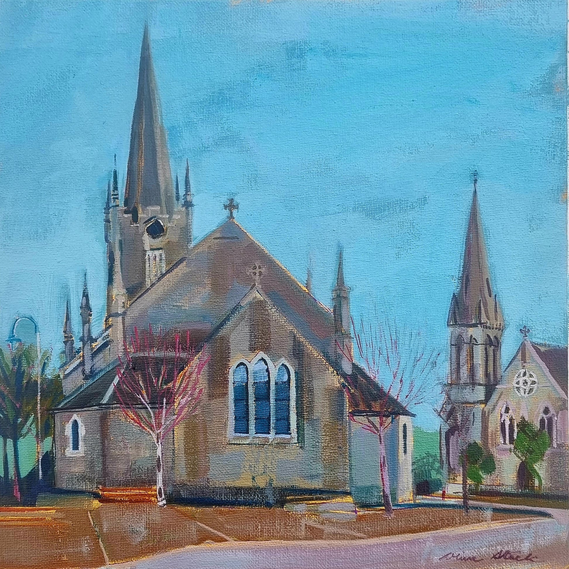 Painting of two church with a steeples against a blue sky